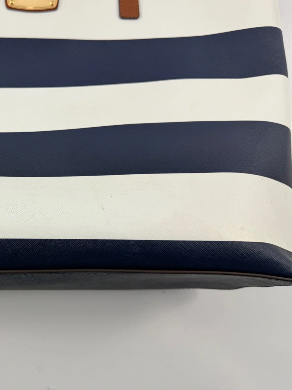 Michael Kors Jet Set Large Tote Bag Navy Blue White Stripe Saffiano Leather Gold